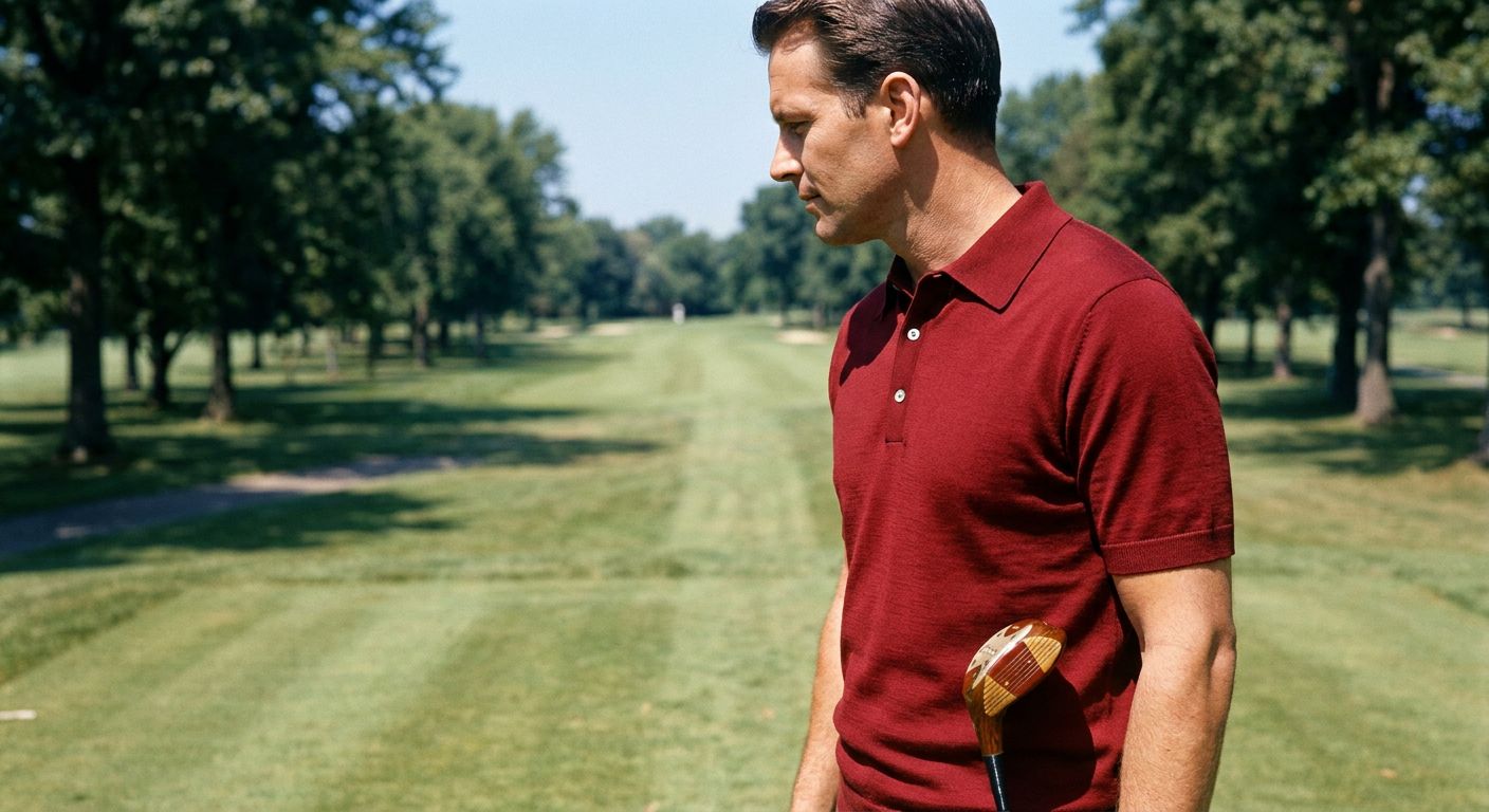 Golfer in a blood red wool polo on the tee