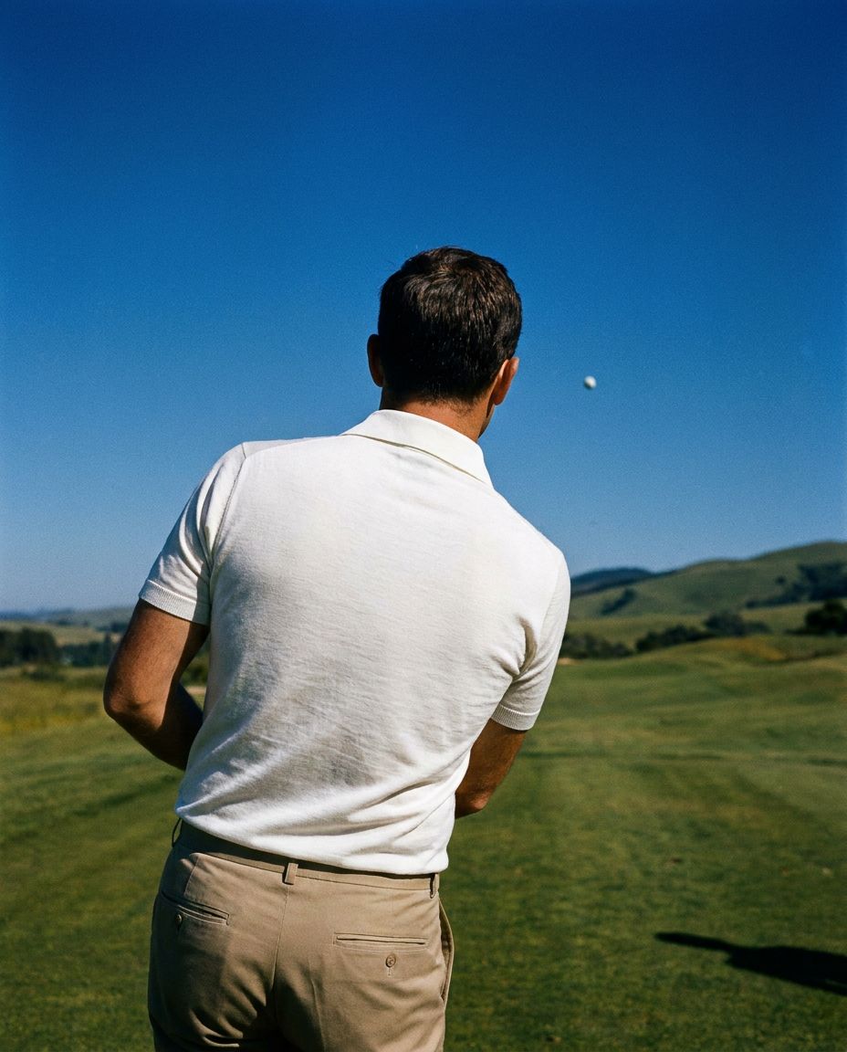 Golfer in a white wool polo holding his follow-through
